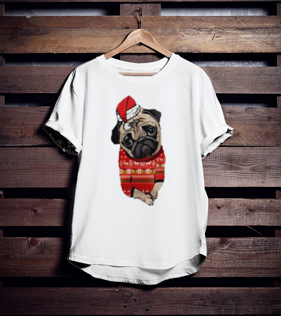 Lovely Pug Christmas Sweater Santa Hat Holiday T-Shirt