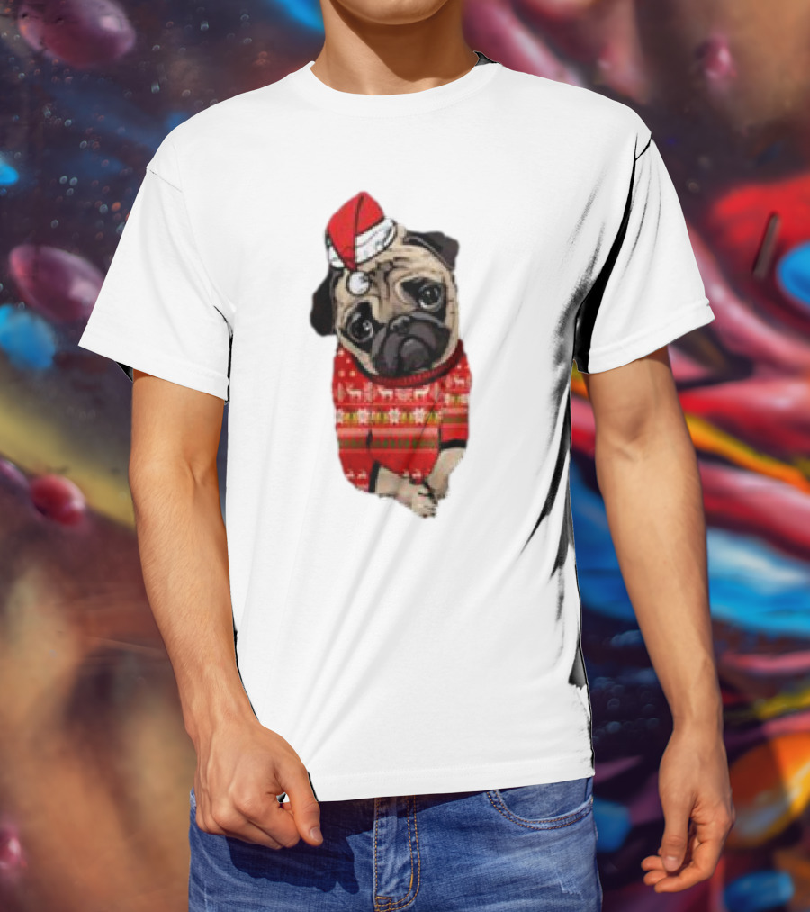 Lovely Pug Christmas Sweater Santa Hat Holiday T-Shirt
