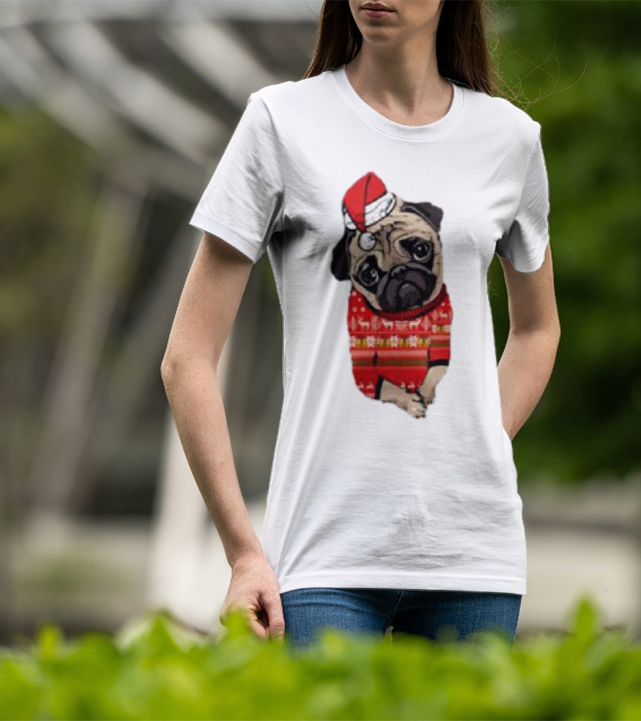Lovely Pug Christmas Sweater Santa Hat Holiday T-Shirt