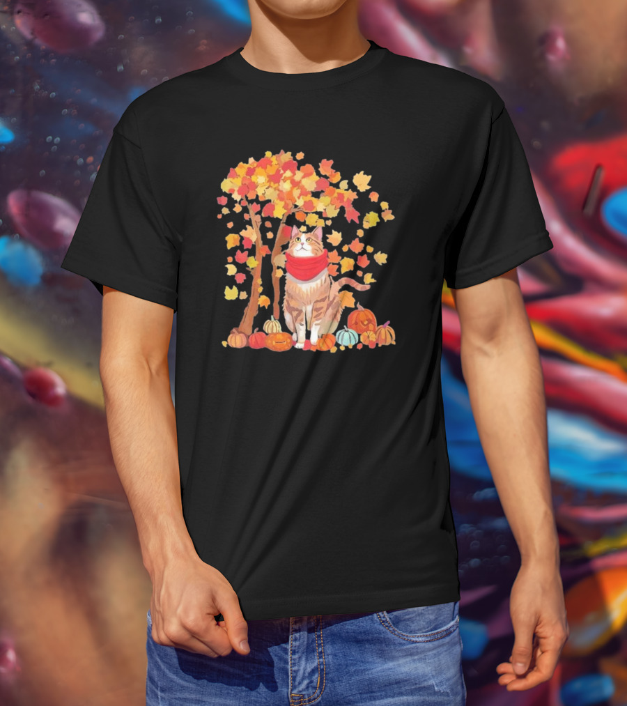 ItS Fall YAll Cat Leaf Fall Tree Hello Autumn Thanksgiving Pumpkin Scarf T-Shirt