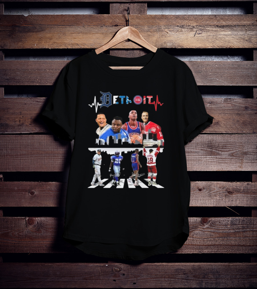 Detroit Tigers Lions Pistons Red Wings Legends Signatures Detroit Skyline Abbey Road T-Shirt