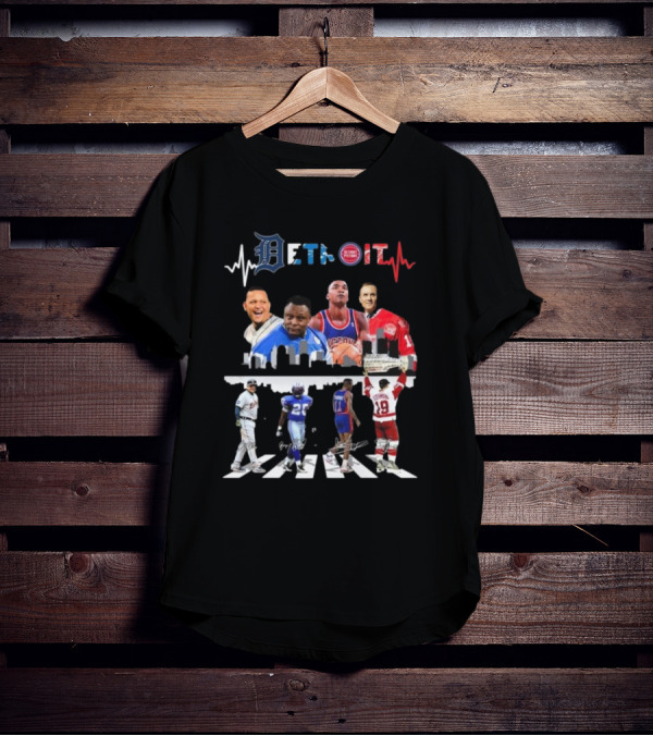 Detroit Tigers Lions Pistons Red Wings Legends Signatures Detroit Skyline Abbey Road T-Shirt