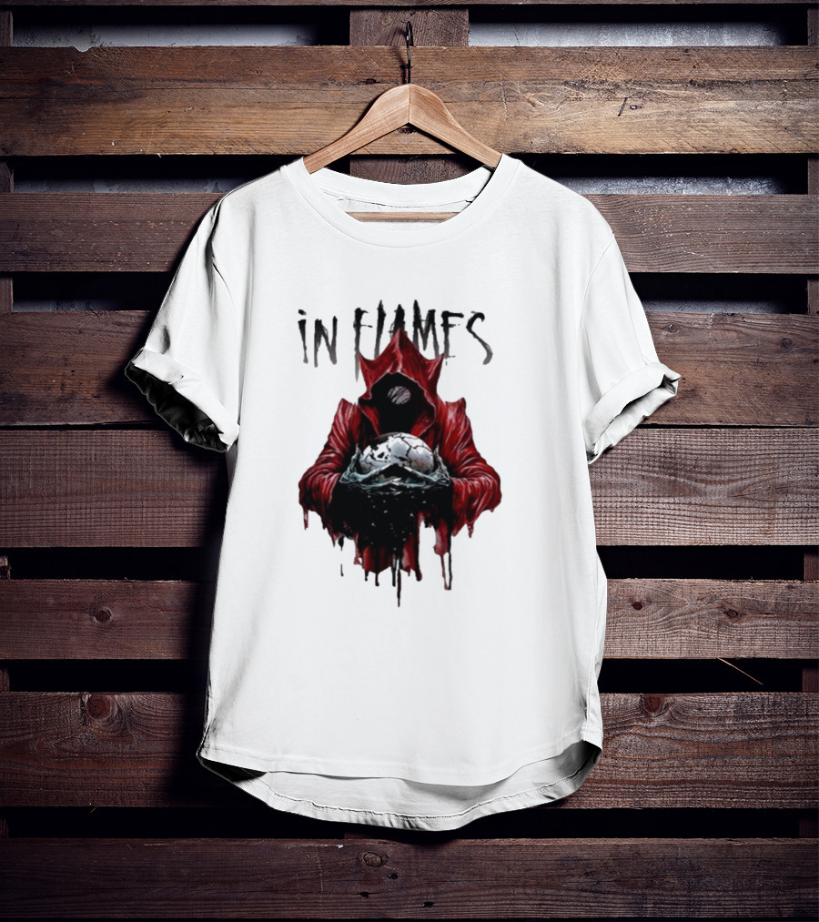 In Flames Siren Charms Red Hooded Figure Holding Cracked Mask T-Shirt