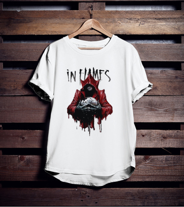 In Flames Siren Charms Red Hooded Figure Holding Cracked Mask T-Shirt