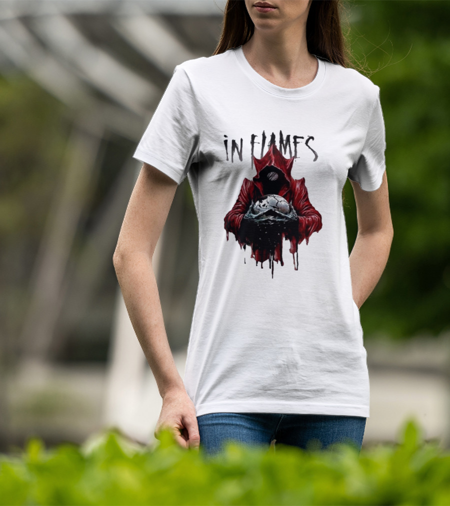 In Flames Siren Charms Red Hooded Figure Holding Cracked Mask T-Shirt