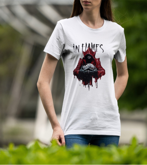 In Flames Siren Charms Red Hooded Figure Holding Cracked Mask T-Shirt