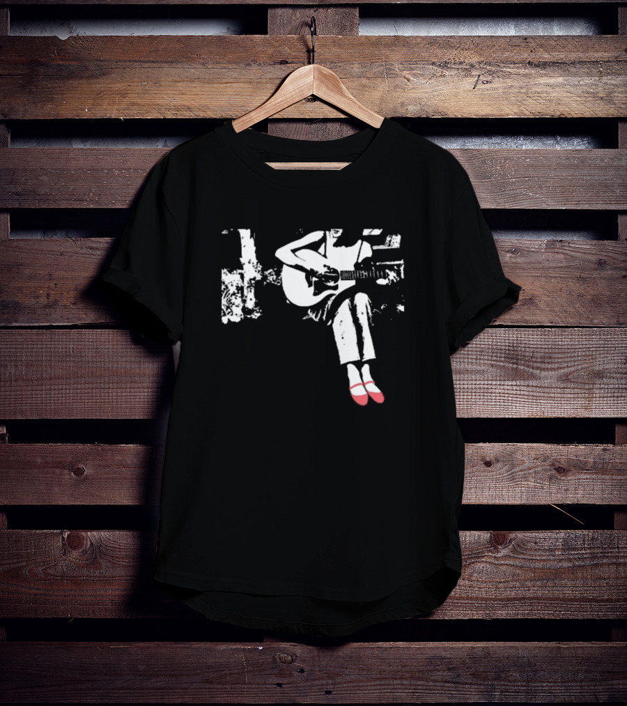 Devon Gabriella Playing Acoustic Guitar Black And White Contrast Red Shoes T-Shirt