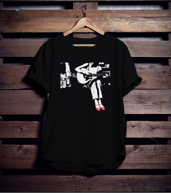 Devon Gabriella Playing Acoustic Guitar Black And White Contrast Red Shoes T-Shirt