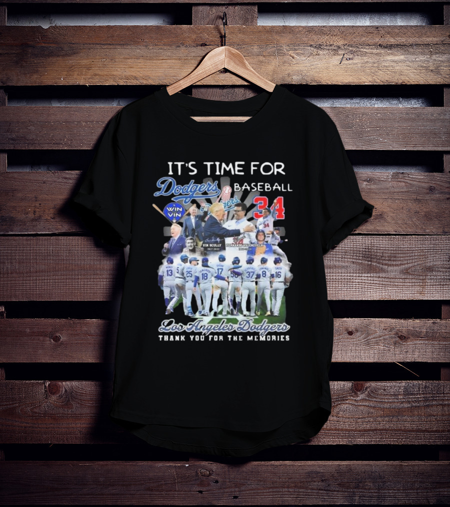 Los Angeles Dodgers It's Time For Baseball Thank You For The Memories Vin Scully 34 Signatures T-Shirt