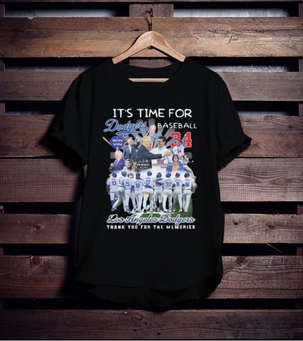 Los Angeles Dodgers It's Time For Baseball Thank You For The Memories Vin Scully 34 Signatures T-Shirt