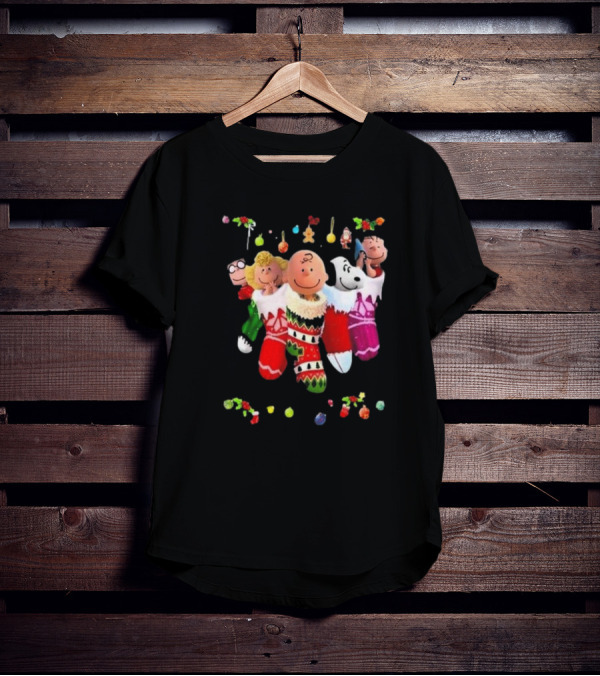 Peanuts Snoopy Charlie Brown Christmas Stockings Santa Claus Friends Holiday Cheer T-Shirt