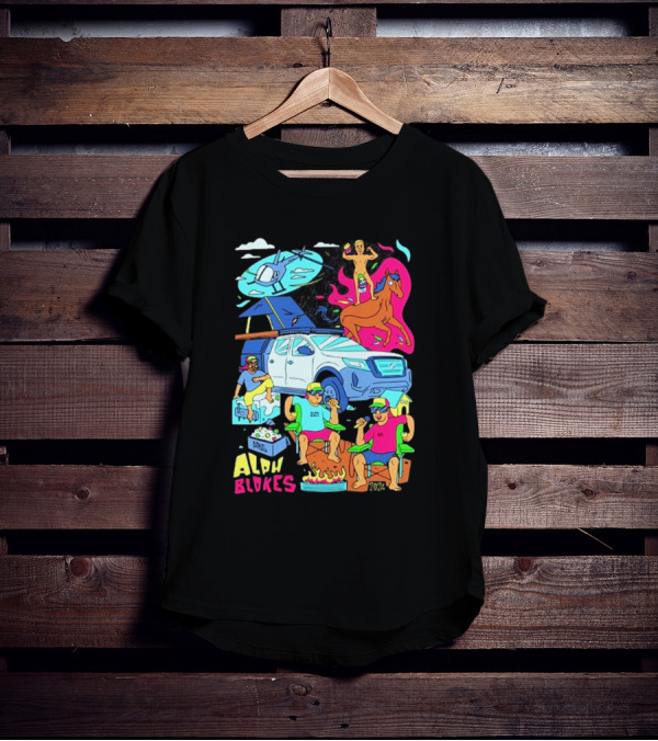 Alpha Blokes Podcast Cartoon Adventure Helicopter Beer Camping Fire T-Shirt