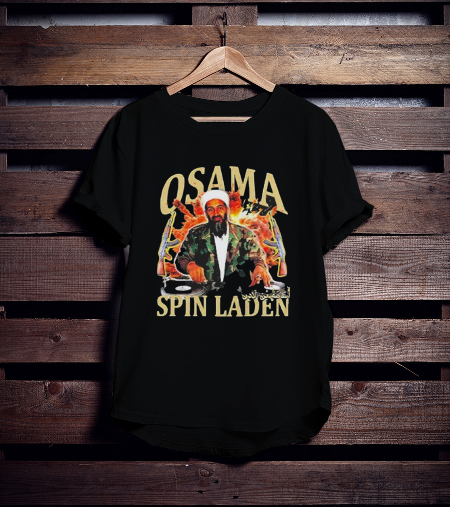Osama Spin Laden DJ Guns Arabic Text T-Shirt