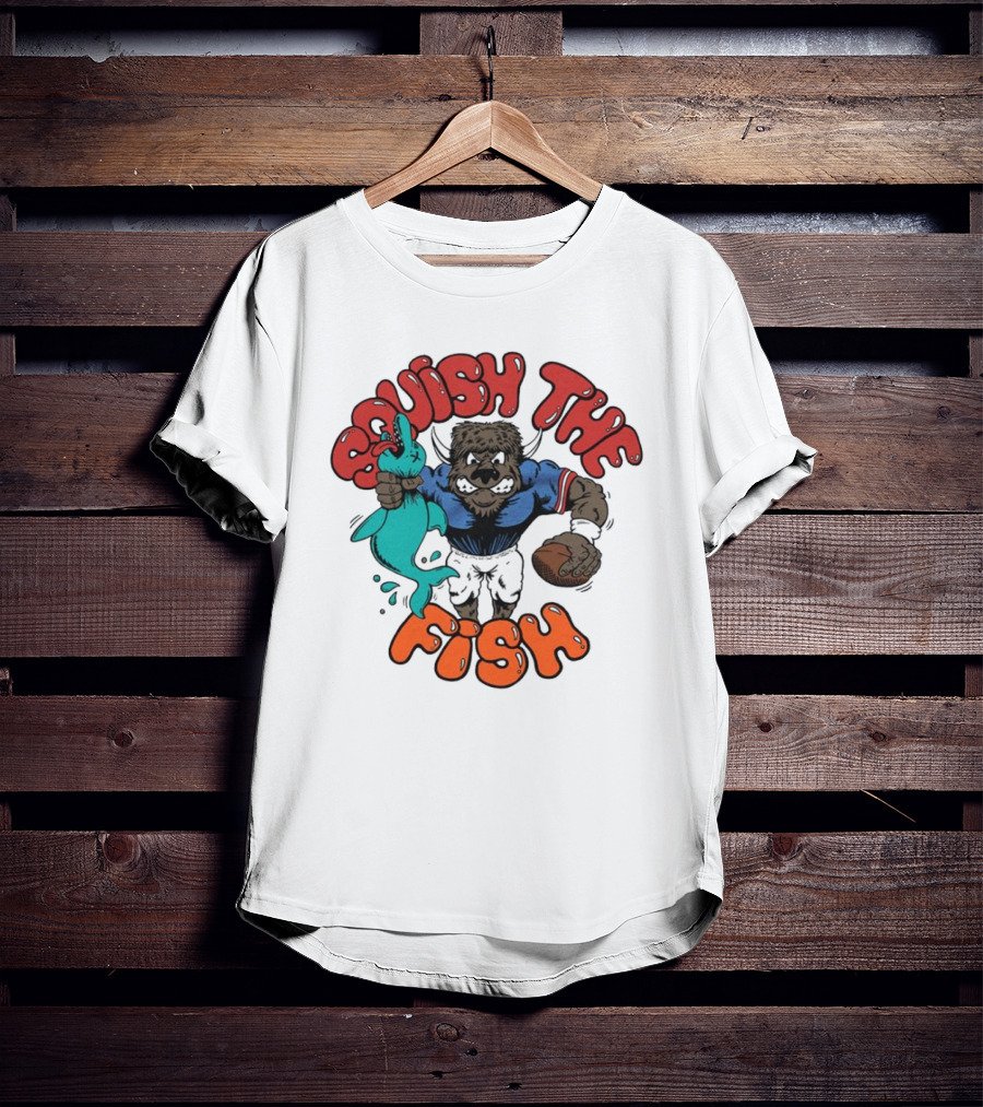 Buffalo Bills NFL Squish The Fish Vintage Rivalry Graphic Featuring Cartoon Football Player And Fish T-Shirt