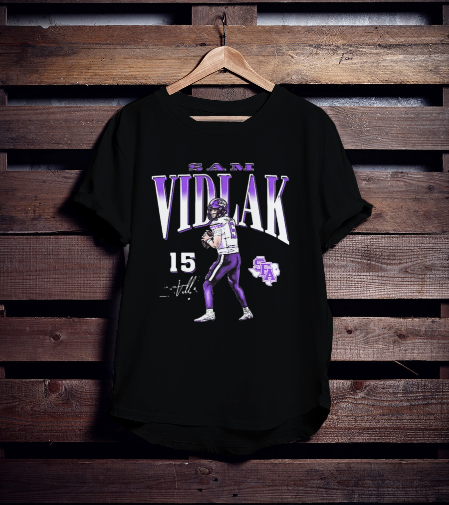 Sam Vidlak 15 SFA Stephen F. Austin Lumberjacks Football Cartoon Signature T-Shirt