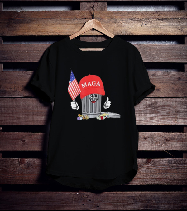 MAGA Hat Wearing Garbage Can Giving Thumbs Up Holding American Flag T-Shirt