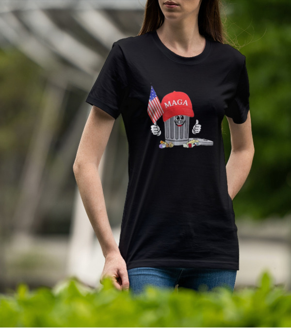 MAGA Hat Wearing Garbage Can Giving Thumbs Up Holding American Flag T-Shirt