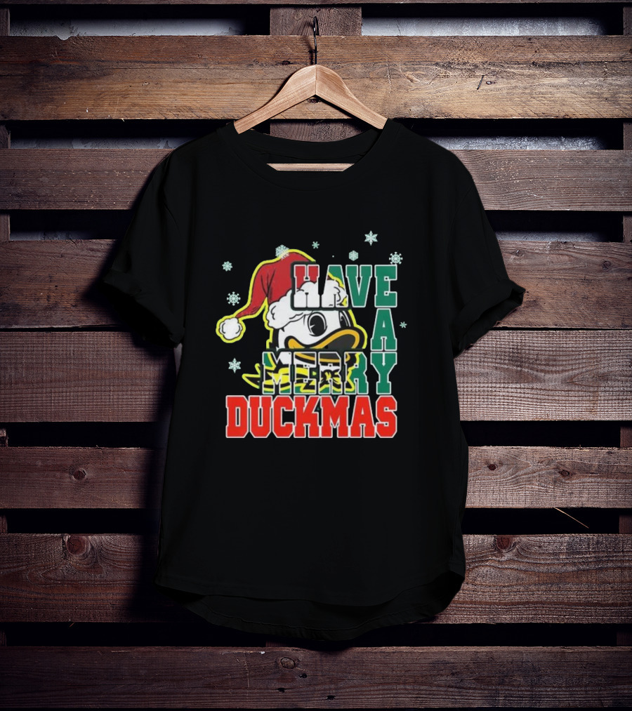 Oregon Ducks Have A Merry Duckmas Santa Hat Logo Snowflakes T-Shirt