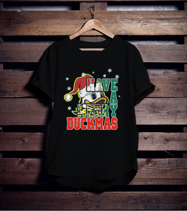Oregon Ducks Have A Merry Duckmas Santa Hat Logo Snowflakes T-Shirt
