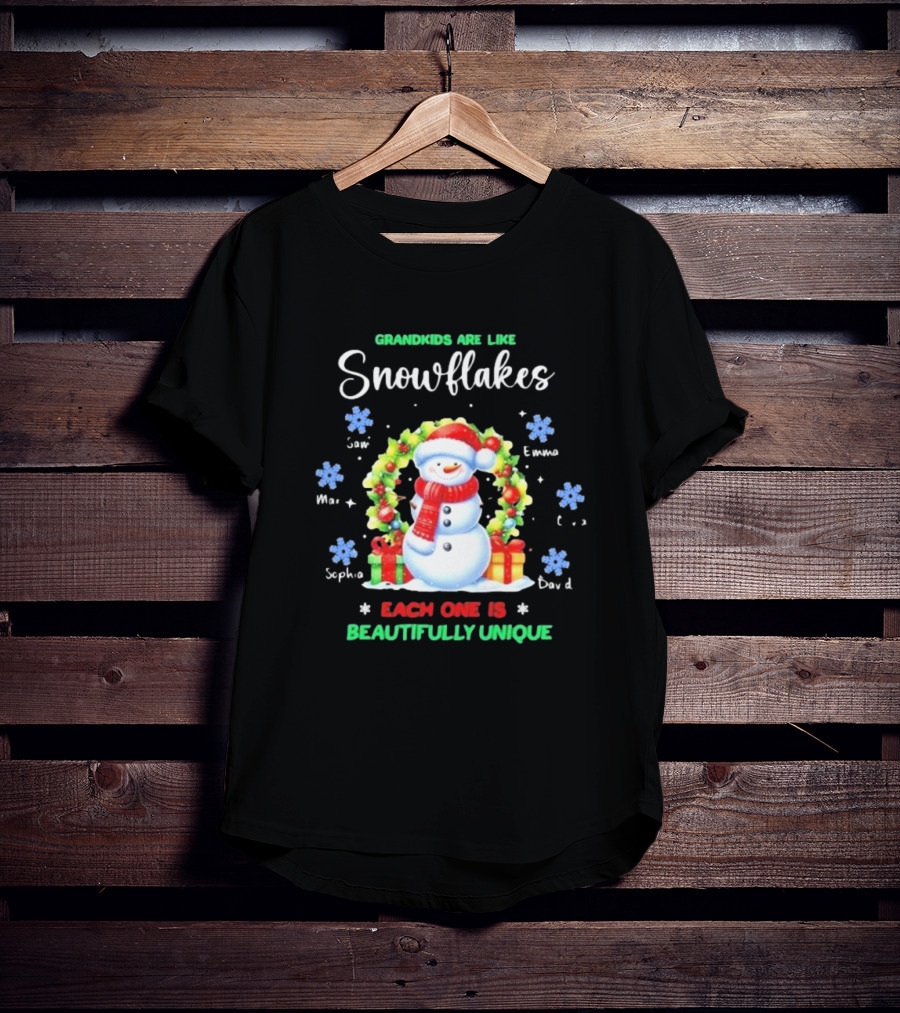 Grandkids Are Like Snowflakes Each One Is Beautifully Unique Christmas Personalized Names Snowman Wreath T-Shirt