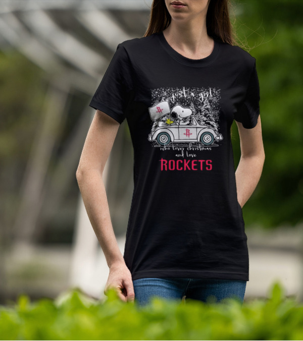 Just A Girl Who Loves Christmas And Houston Rockets Snoopy Woodstock Peanuts NBA T-Shirt