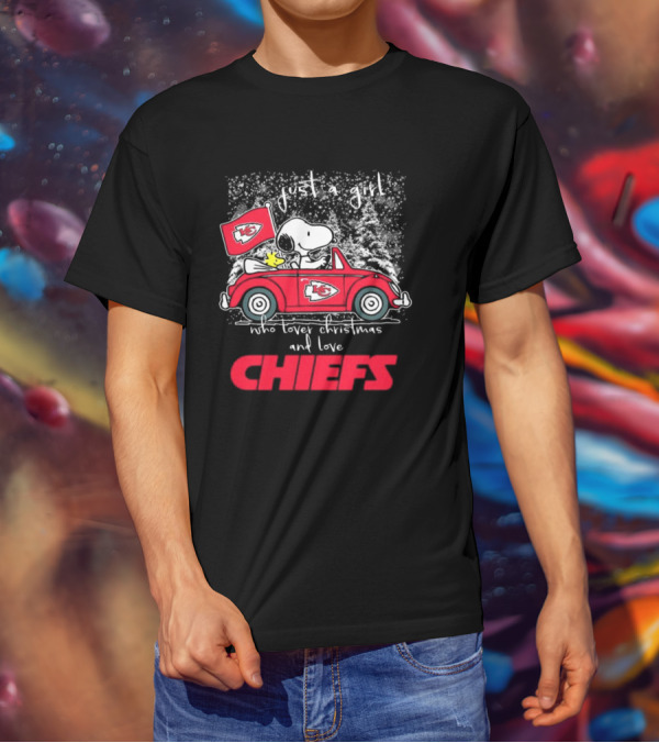 Snoopy Woodstock Peanuts Just A Girl Who Loves Christmas And Kansas City Chiefs T-Shirt