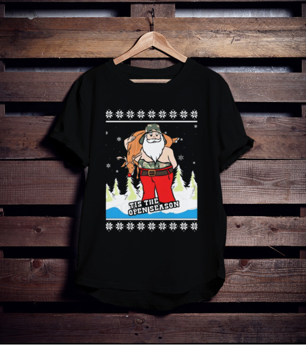 Hunting Santa Tis The Open Season Camouflage Ugly Christmas Sweaters T-Shirt