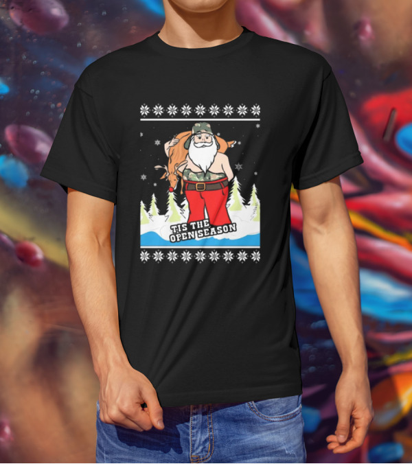 Hunting Santa Tis The Open Season Camouflage Ugly Christmas Sweaters T-Shirt