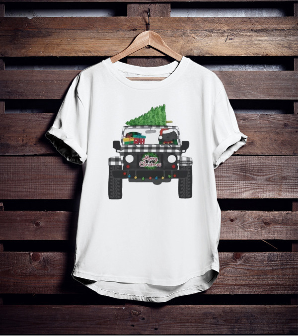 Merry Christmas Black Buffalo Plaid Jeep With Cartoon Labradoodle And Tree T-Shirt