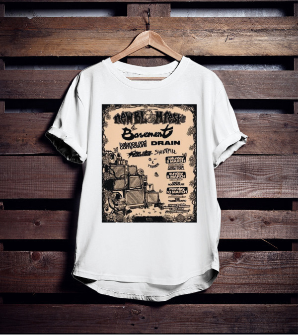 New Bloom Fest 2025 Basement Balance And Composure Drain Turnover Live Concert March 8-10 T-Shirt