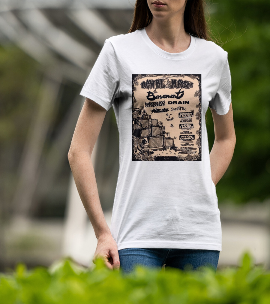 New Bloom Fest 2025 Basement Balance And Composure Drain Turnover Live Concert March 8-10 T-Shirt