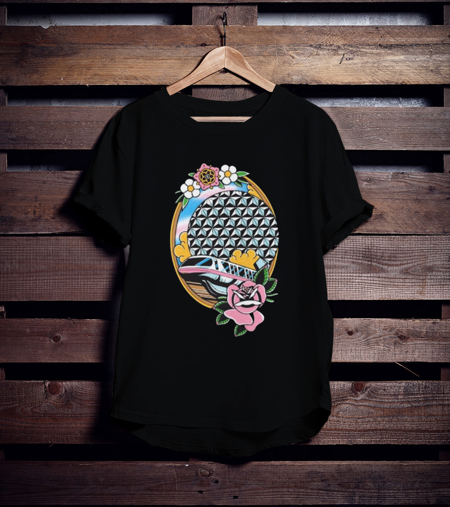 The Lost Bros Monorail Spaceship Earth Tattoo Style Floral T-Shirt