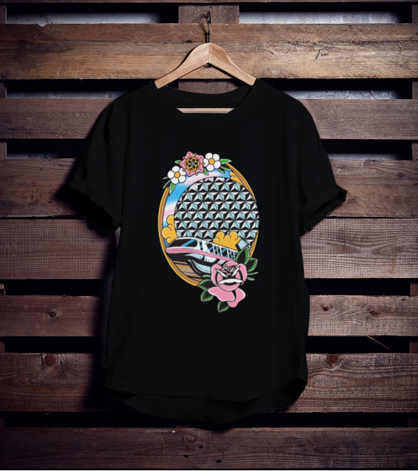 The Lost Bros Monorail Spaceship Earth Tattoo Style Floral T-Shirt