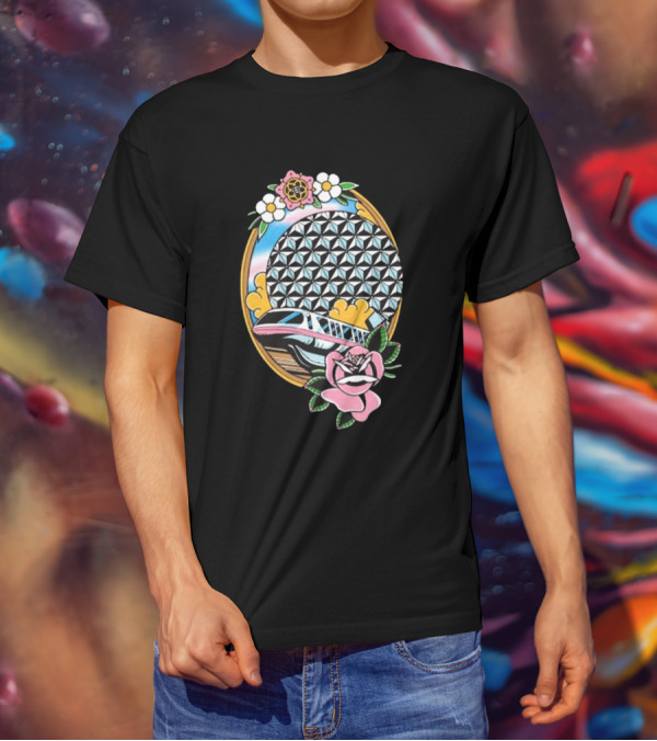 The Lost Bros Monorail Spaceship Earth Tattoo Style Floral T-Shirt