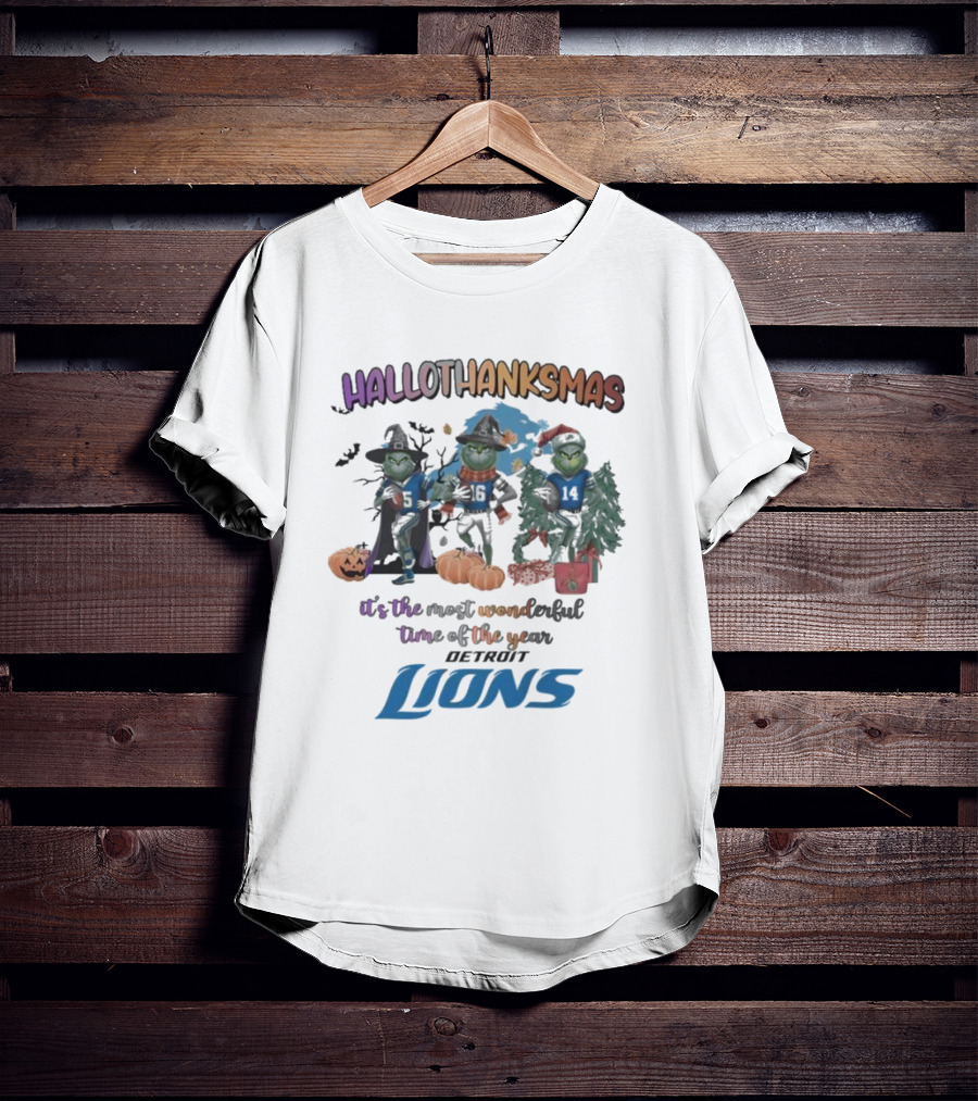 Detroit Lions Hallothanksmas Grinch It's The Most Wonderful Time Of The Year T-Shirt