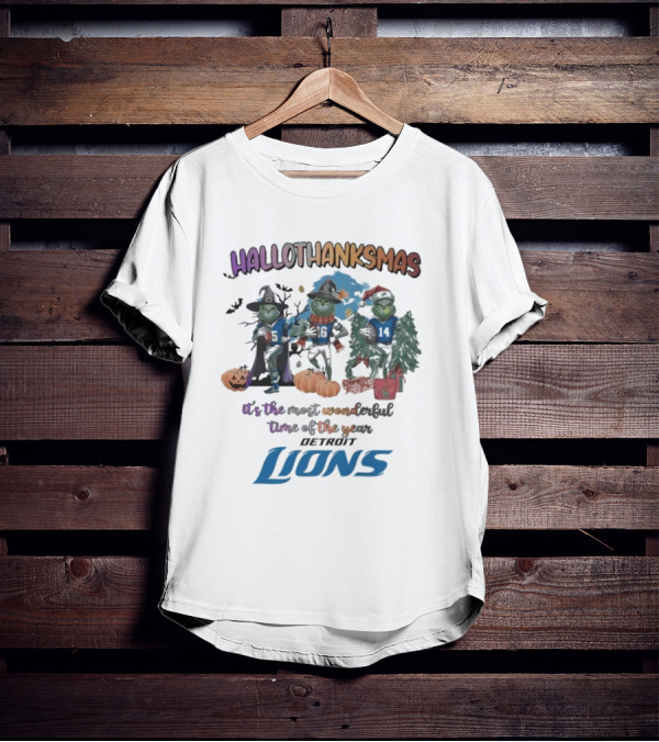 Detroit Lions Hallothanksmas Grinch It's The Most Wonderful Time Of The Year T-Shirt