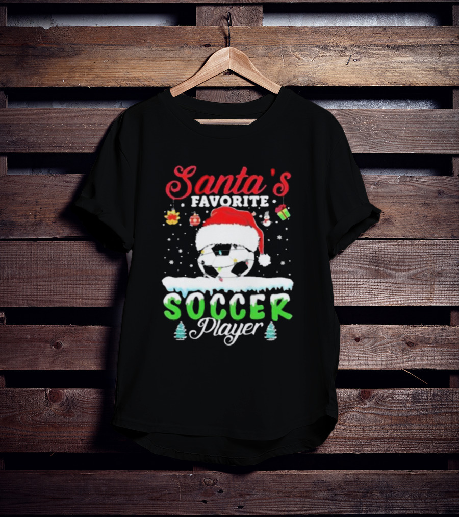Santa's Favorite Soccer Player Christmas Football Soccer Ball Santa Hat Snowflakes T-Shirt