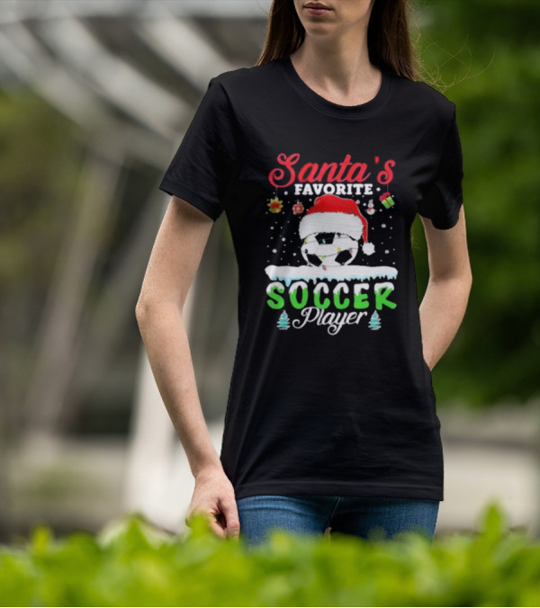 Santa's Favorite Soccer Player Christmas Football Soccer Ball Santa Hat Snowflakes T-Shirt
