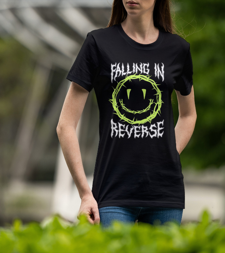 Falling In Reverse Smiley Face With Green Thorn Outline T-Shirt