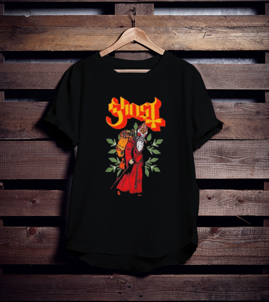 Ghost Papa Noel Glitter Leaf Santa Clausal Graphic Red Robe Relaxed Fit Girls T-Shirt