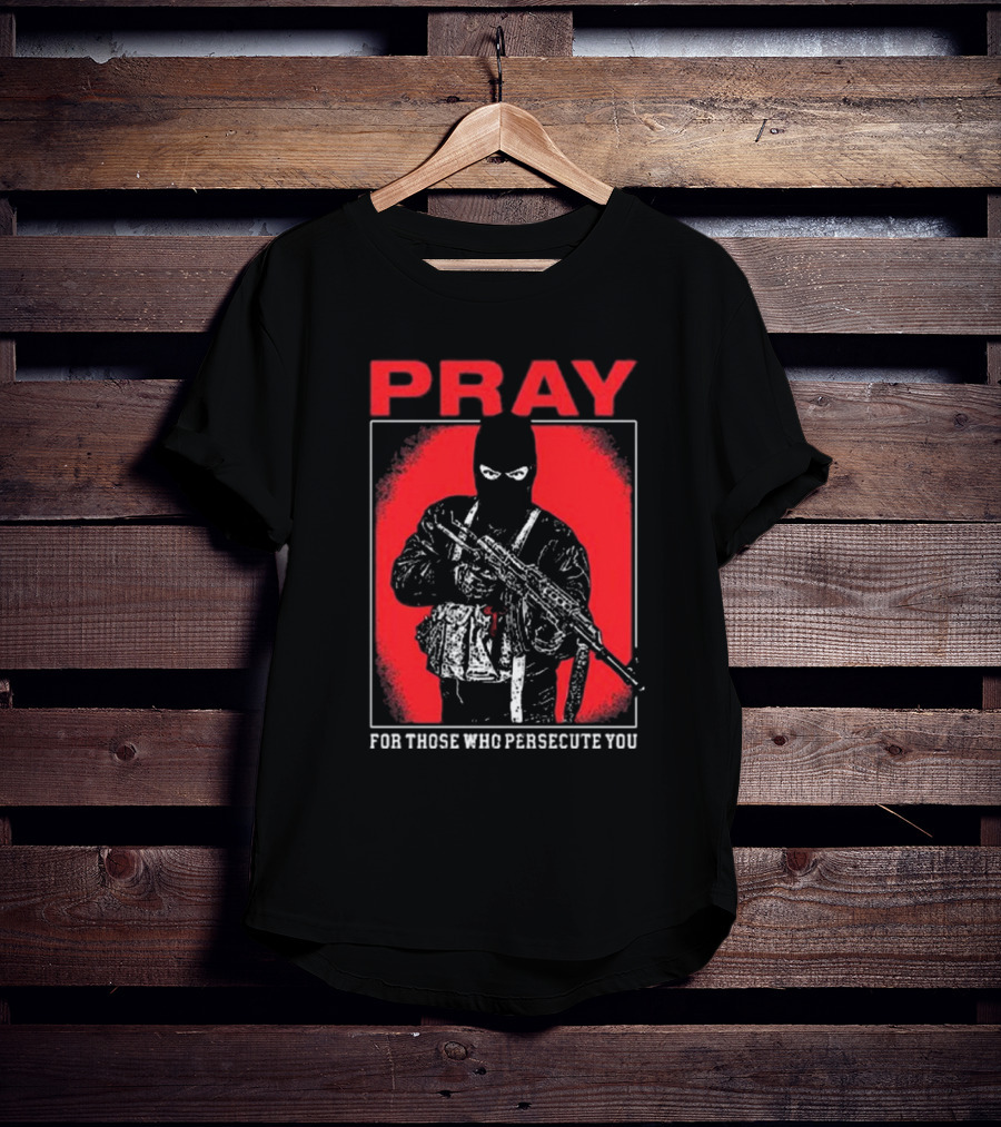 Ritualprintslc Shayne Smith Pray For Those Who Persecute You Masked Figure With Rifle In Red And Black T-Shirt