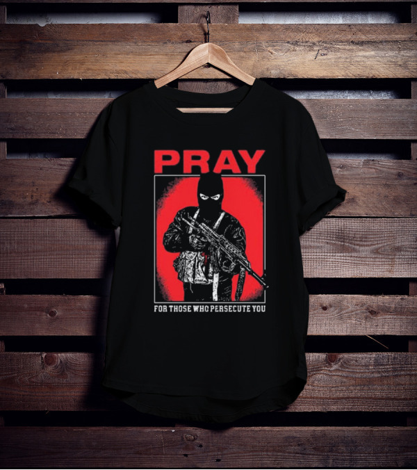 Ritualprintslc Shayne Smith Pray For Those Who Persecute You Masked Figure With Rifle In Red And Black T-Shirt