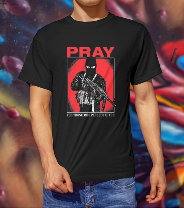 Ritualprintslc Shayne Smith Pray For Those Who Persecute You Masked Figure With Rifle In Red And Black T-Shirt