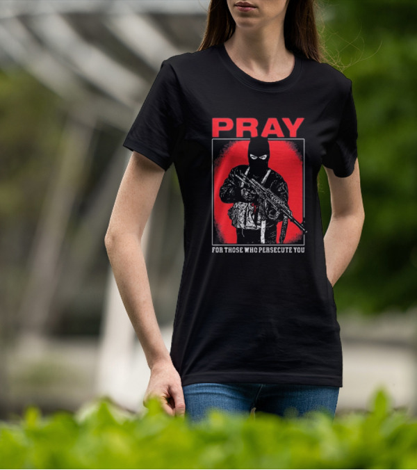 Ritualprintslc Shayne Smith Pray For Those Who Persecute You Masked Figure With Rifle In Red And Black T-Shirt