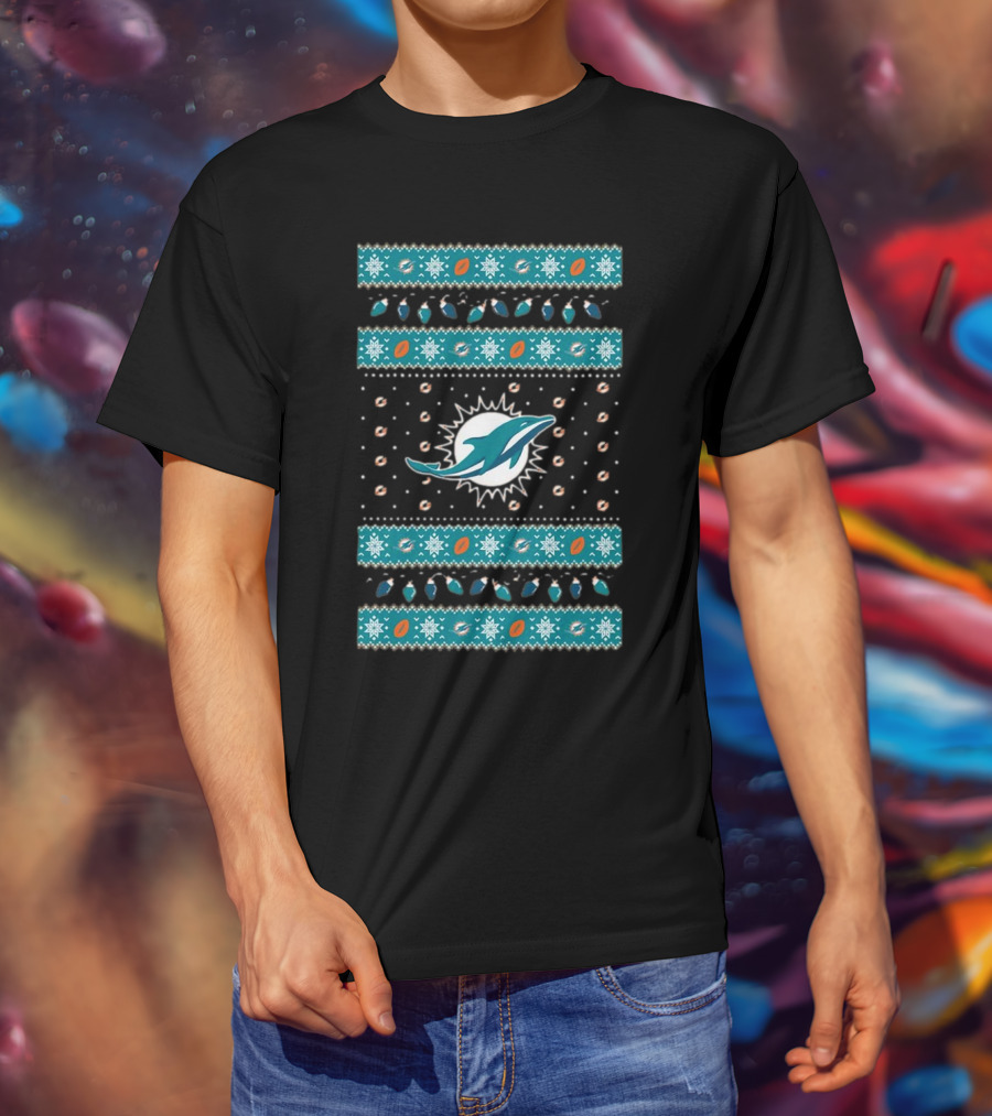 Miami Dolphins NFL Holiday Lights Ugly Sweater Christmas Football T-Shirt