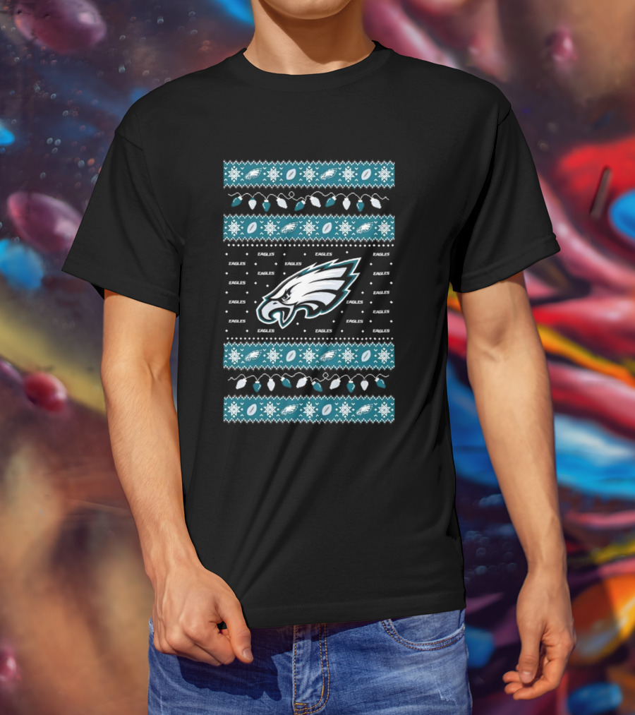 Philadelphia Eagles NFL Holiday Lights Ugly Sweater Christmas Eagles Logo Pattern T-Shirt