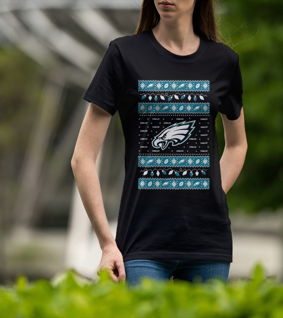 Philadelphia Eagles NFL Holiday Lights Ugly Sweater Christmas Eagles Logo Pattern T-Shirt