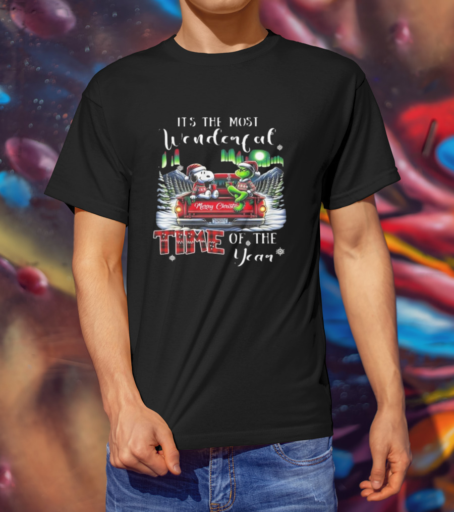 Snoopy Grinch Merry Christmas Time Of The Year Truck Scene T-Shirt