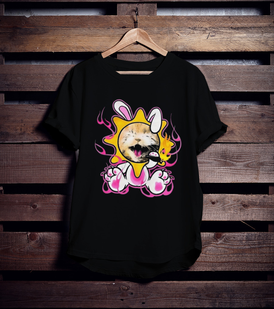 Praiseche Cat Sunburst Bunny Ears Pink Flames T-Shirt