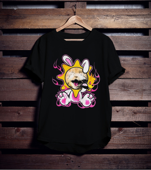 Praiseche Cat Sunburst Bunny Ears Pink Flames T-Shirt
